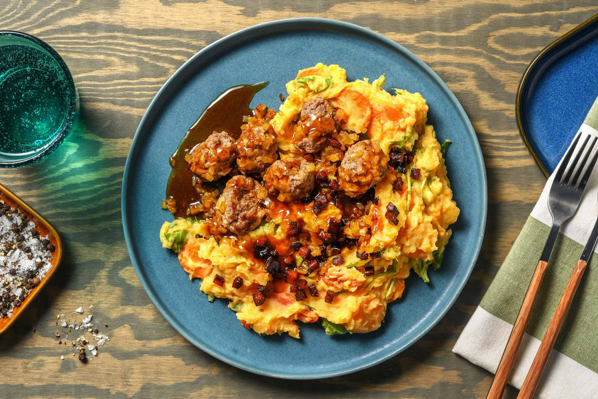 Boulettes de viande et stoemp carotte & épinards