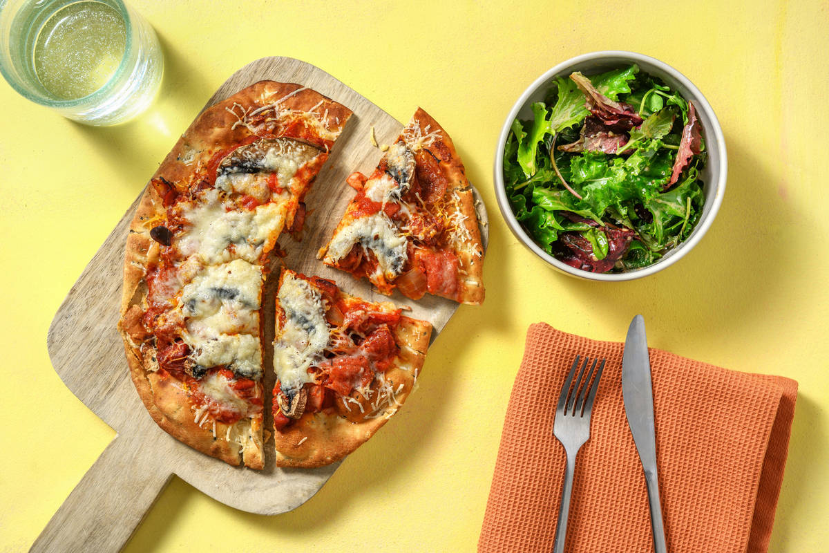 Pizza sur pain naan au chorizo & portobello