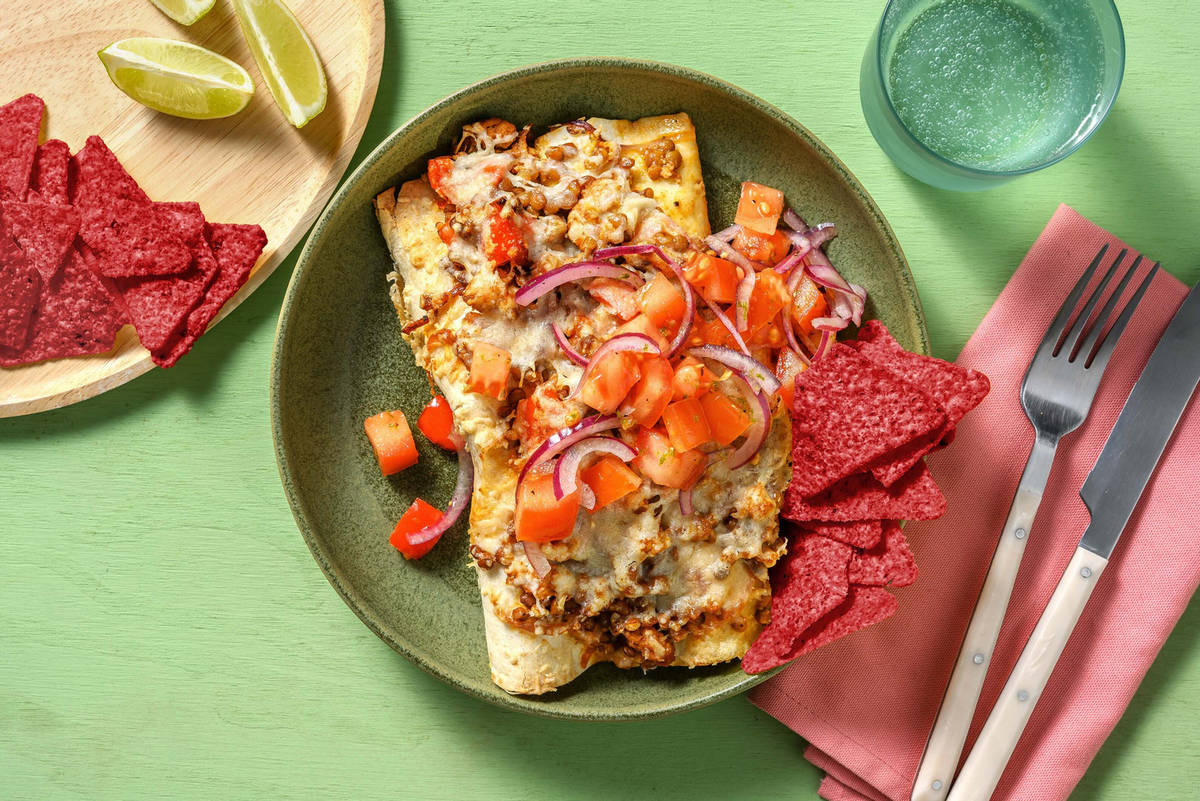 Kruidige enchilada's met varkensgehakt en linzen