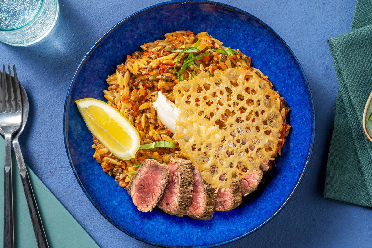 Orzo mit extra Steak und selbst gemachtem Calabrese Pesto