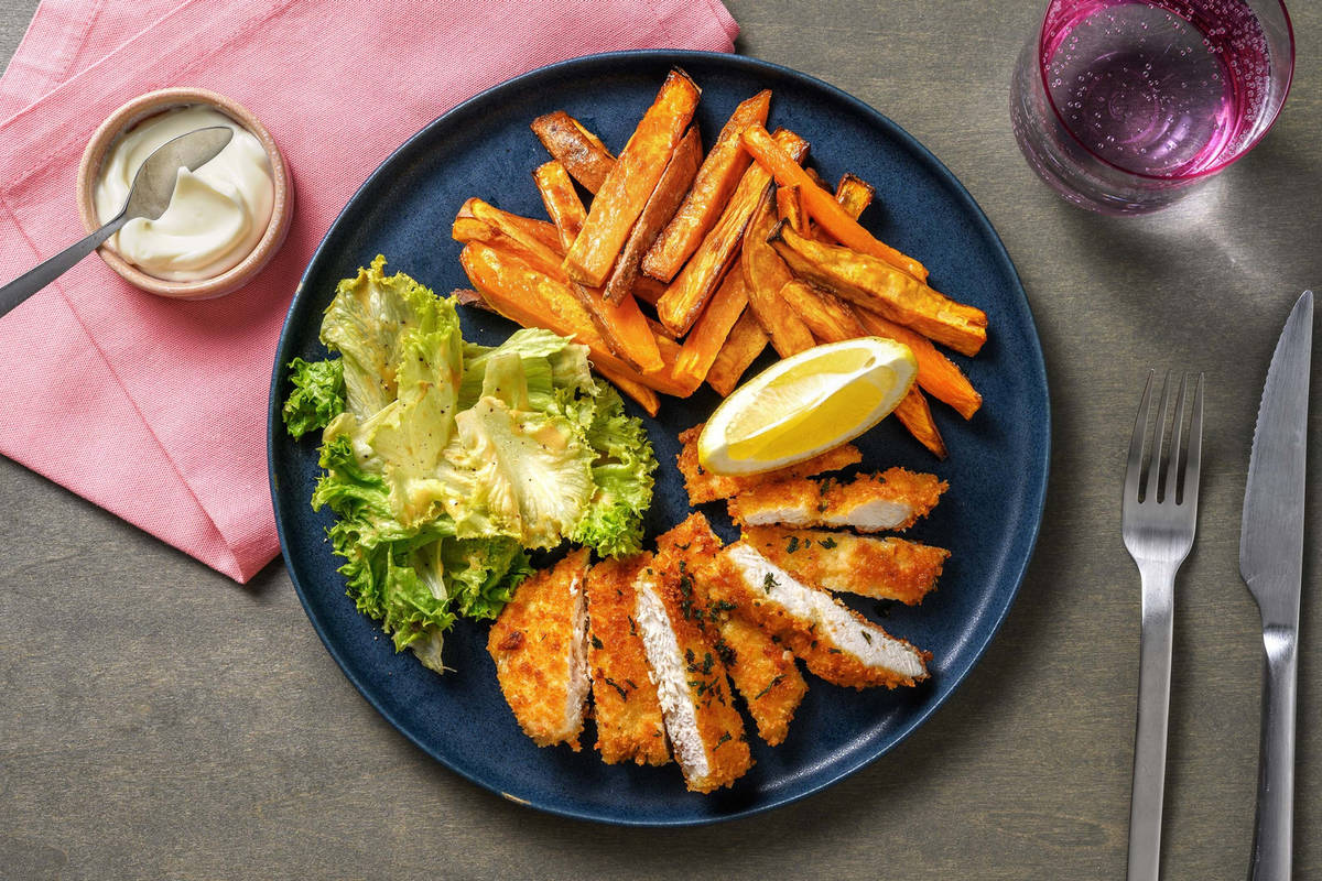 Poulet pané au parmesan, citron & aïoli