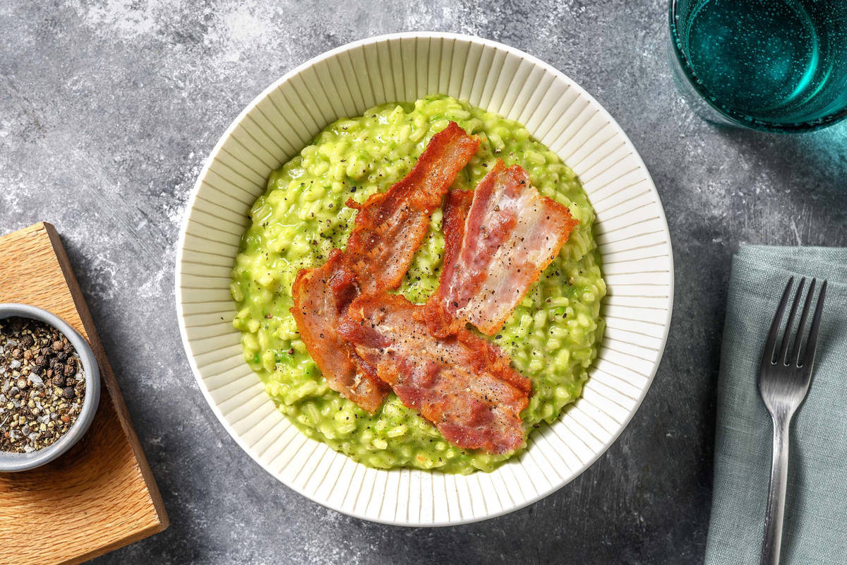 Risotto verde con chips di bacon