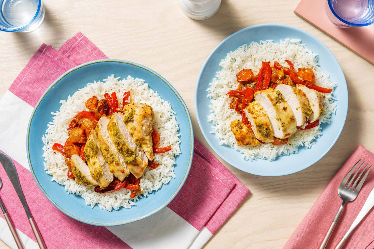 Pesto Chicken Traybake and Garlic Rice