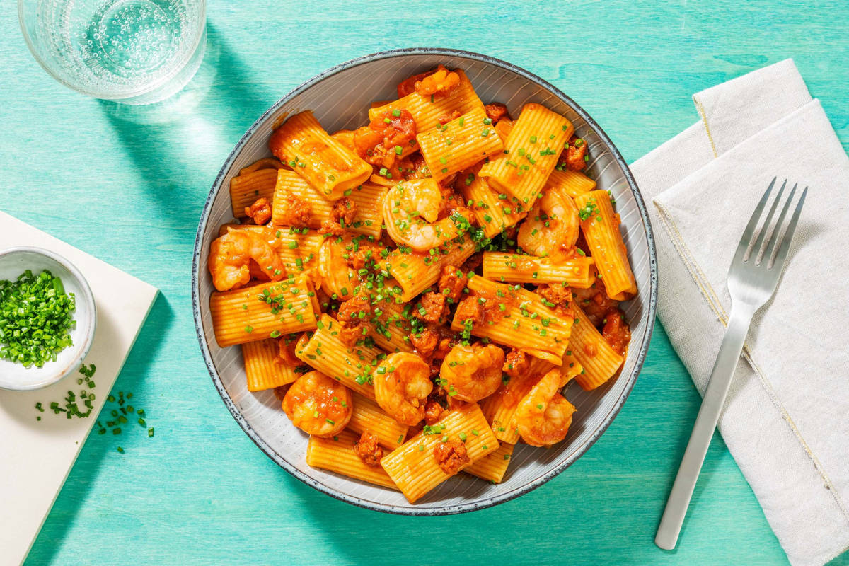 Italiensk räk- och chorizopasta