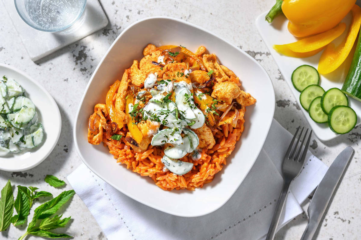 Émincés de poulet sur orzo à la tomate