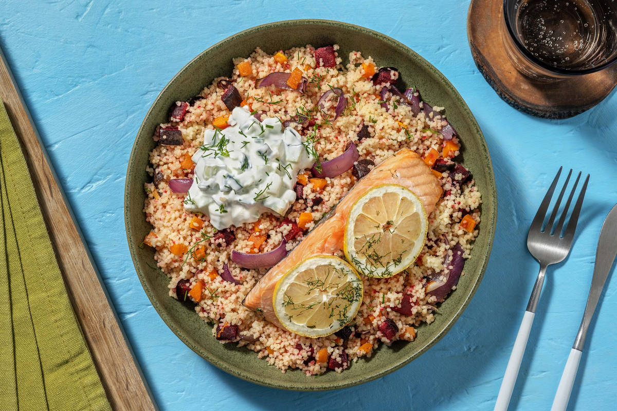 Lemon dill salmon and veggie couscous