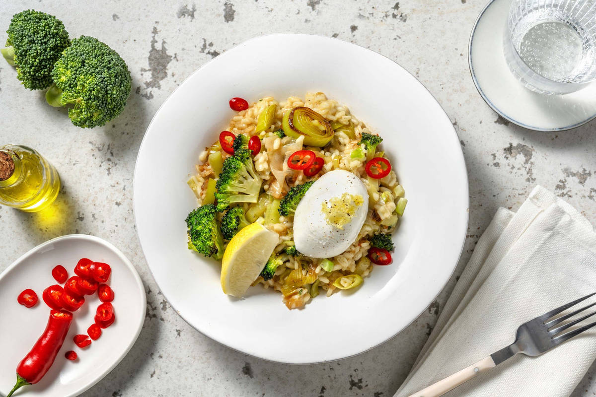 Risotto au brocoli, poireau, pecorino et thym citronné