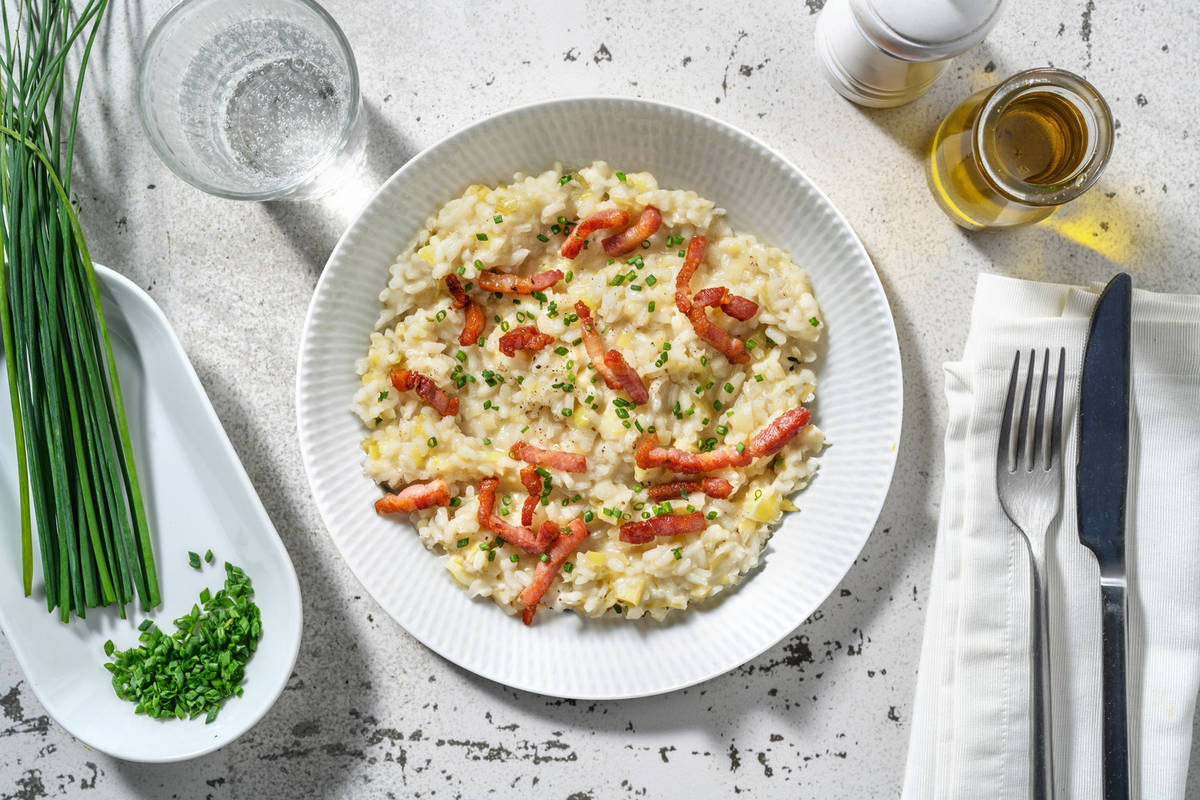 Risotto poireau, lardons fumés & parmesan AOP