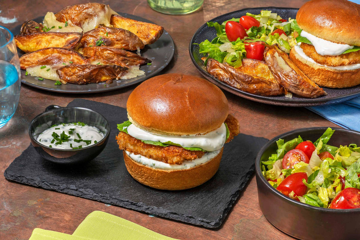 Fried Chicken & Bacon Burger and Cheesy Wedges