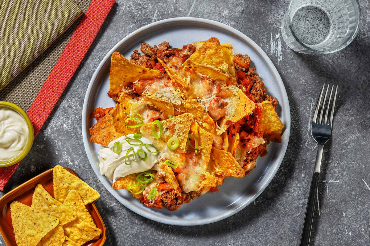 Gratinerede oksekøds-nachos