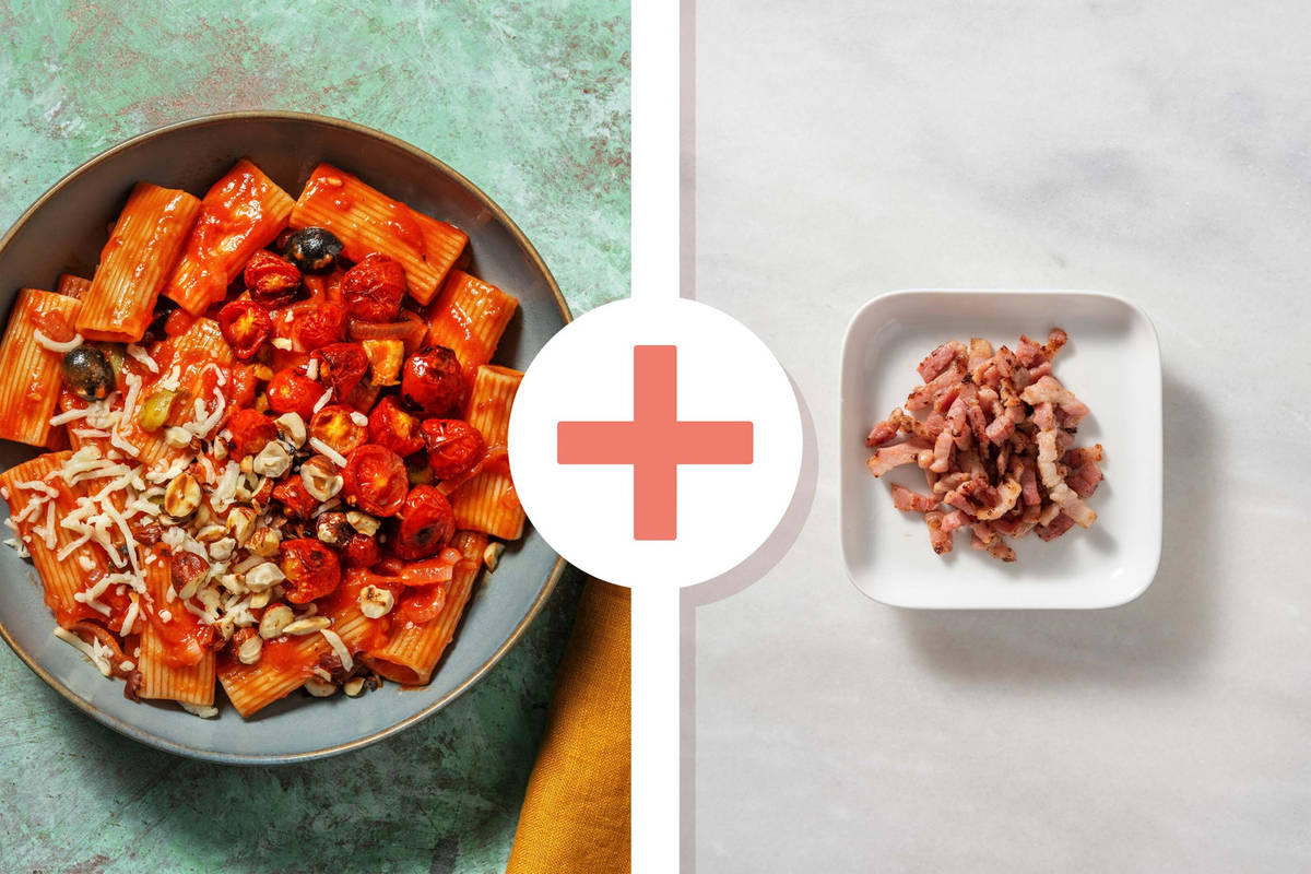 Rigatoni and Balsamic Slow Roasted Tomatoes with Bacon Lardons