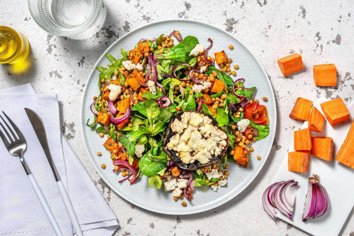 Portobello farci au fromage & légumes rôtis