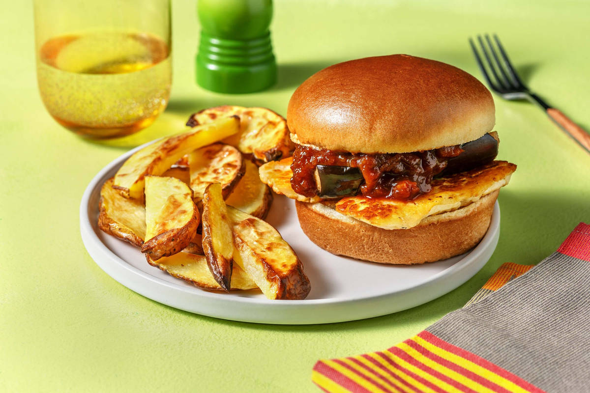 Halloumi and Roasted Aubergine Burger