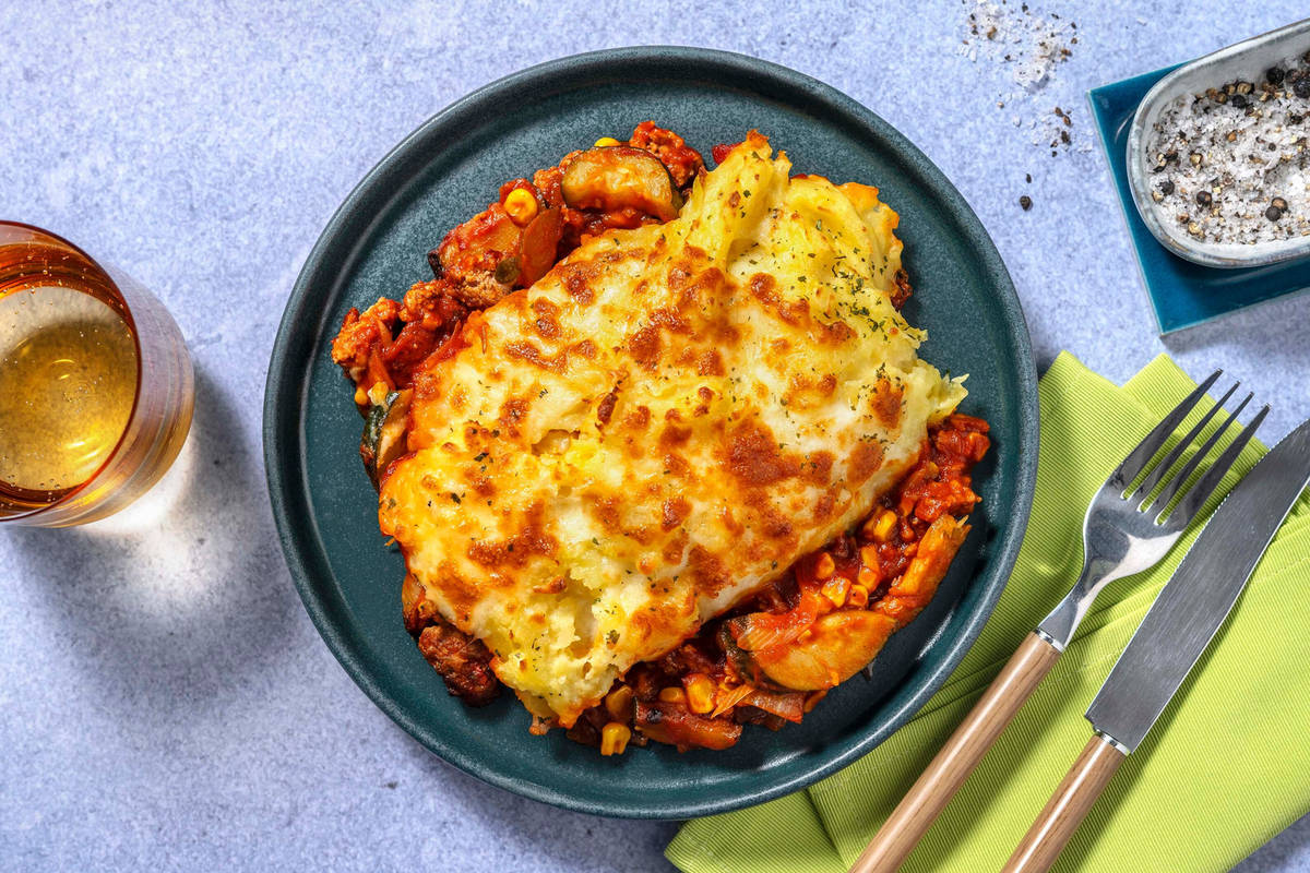 Gegratineerde gehaktschotel met aardappelen en mais