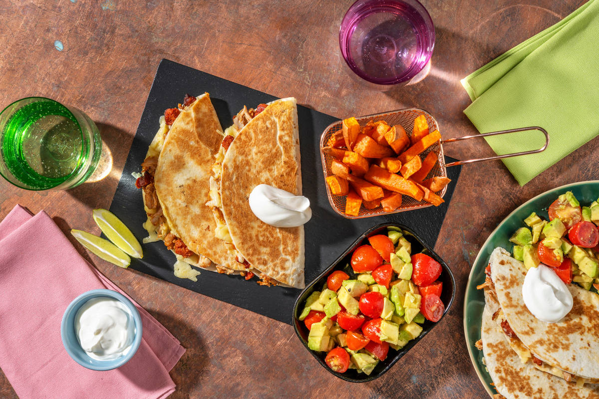 Pulled Chipotle Chicken and Chorizo Quesadillas