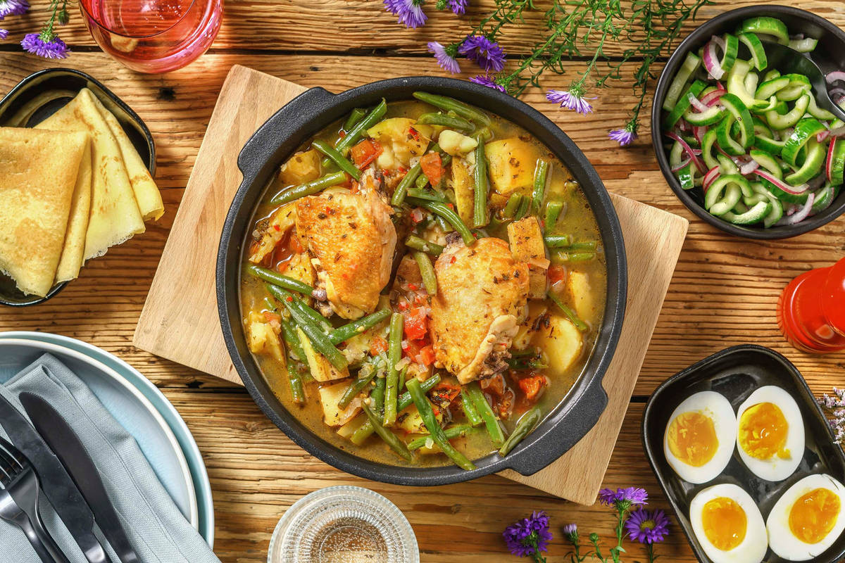 Pain roti et cuisse de poulet relevée avec pommes de terre