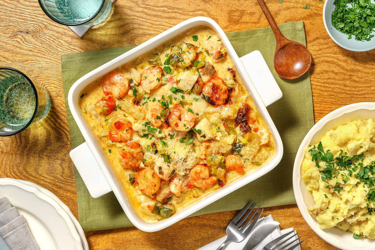 Gratin de poisson au cabillaud, colin, saumon et crevettes