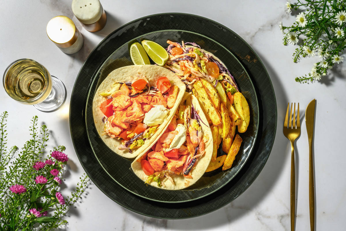 Korma Spiced Salmon Tacos and Cumin Fries
