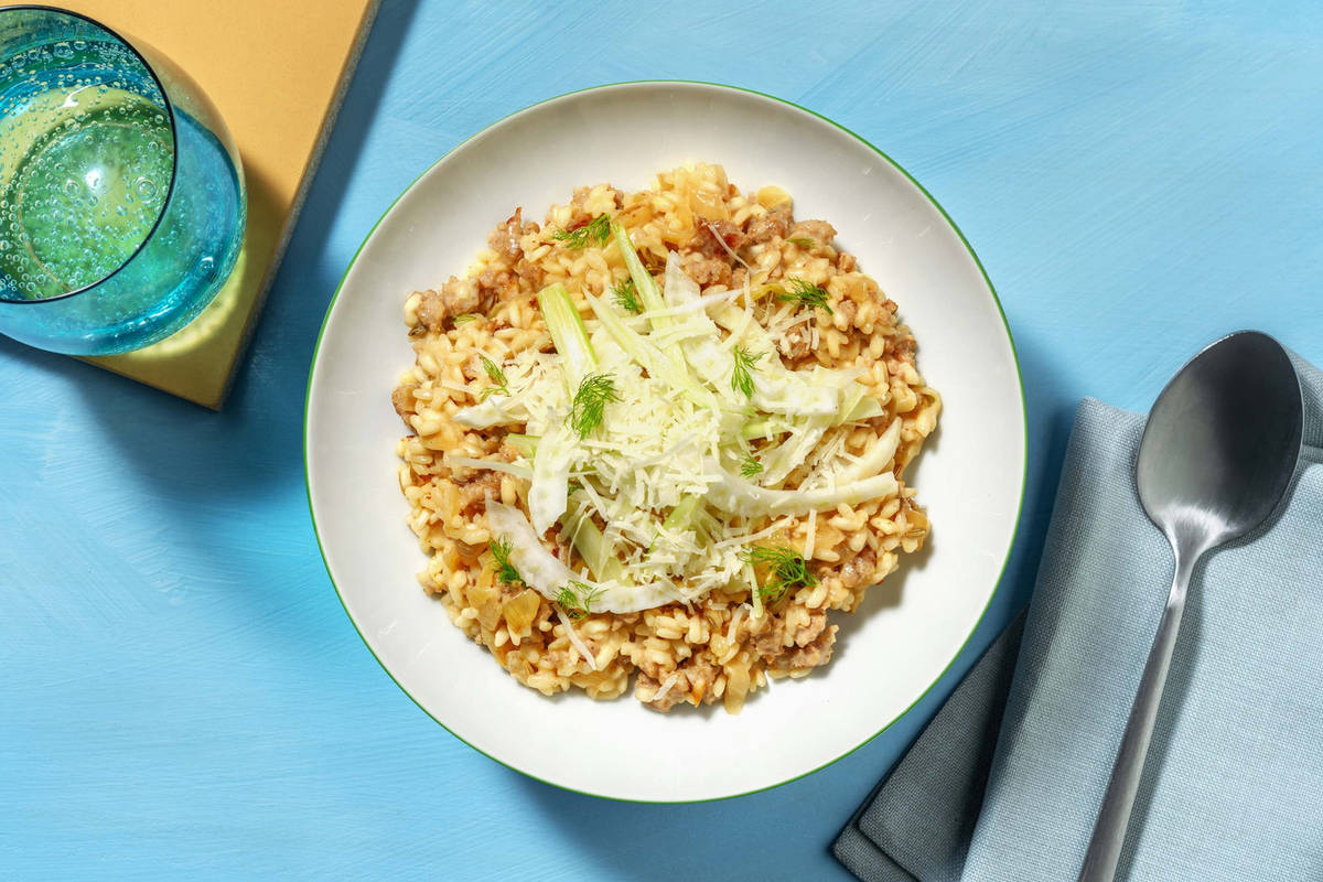 Risotto au fenouil et saucisse de porc marjolaine et ail