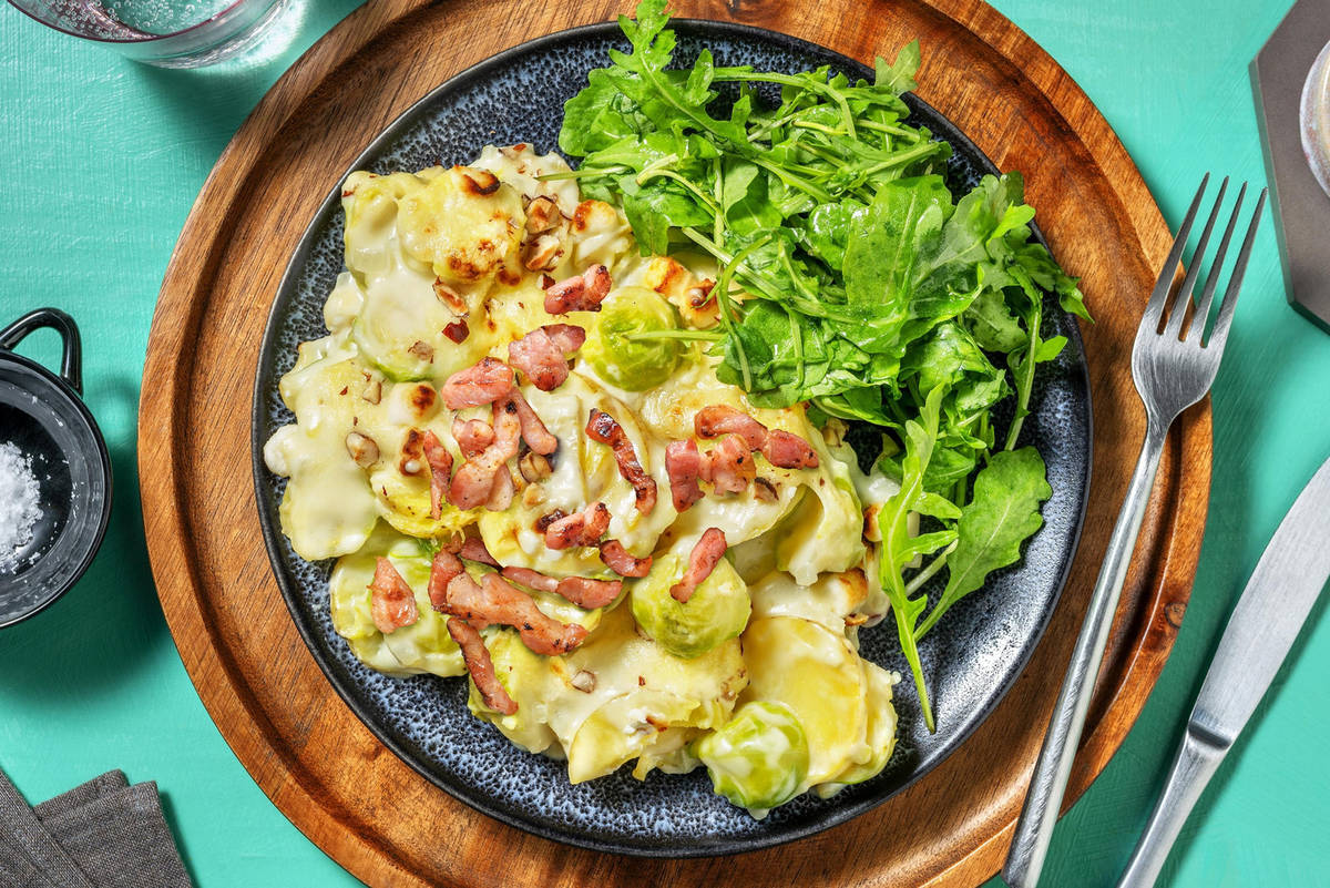 Rosenkohl-Kartoffel-Gratin mit extra Bacon