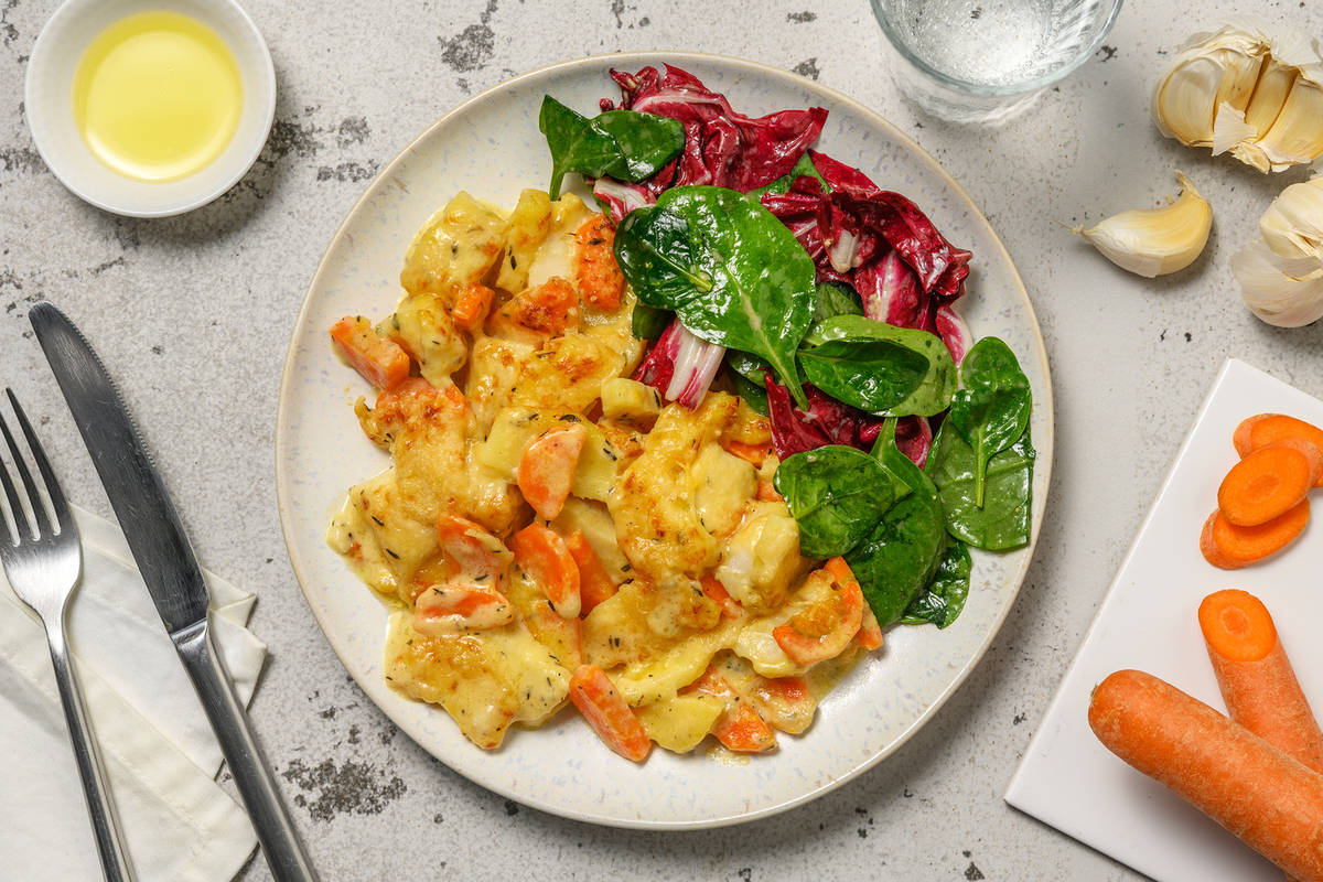 Lieu & légumes d'hiver gratinés au parmesan
