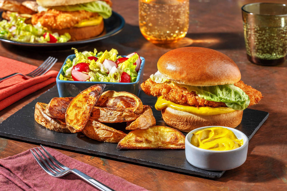 Crispy Chicken Katsu Burger and Wedges