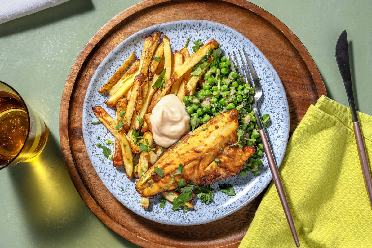 Korma Baked Sea Bass and Chips