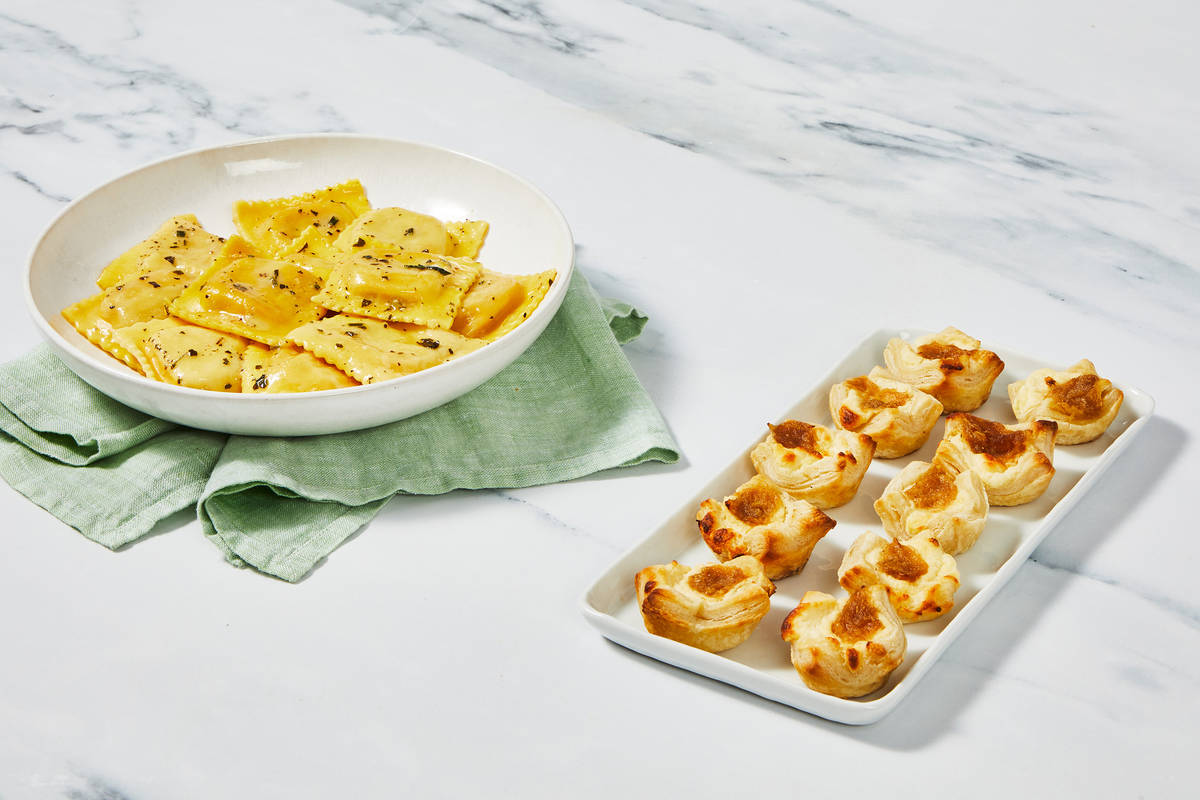 Super-Quick Fresh Tomato Ricotta Ravioli with Caramelized Onion & Feta Pastry Bites