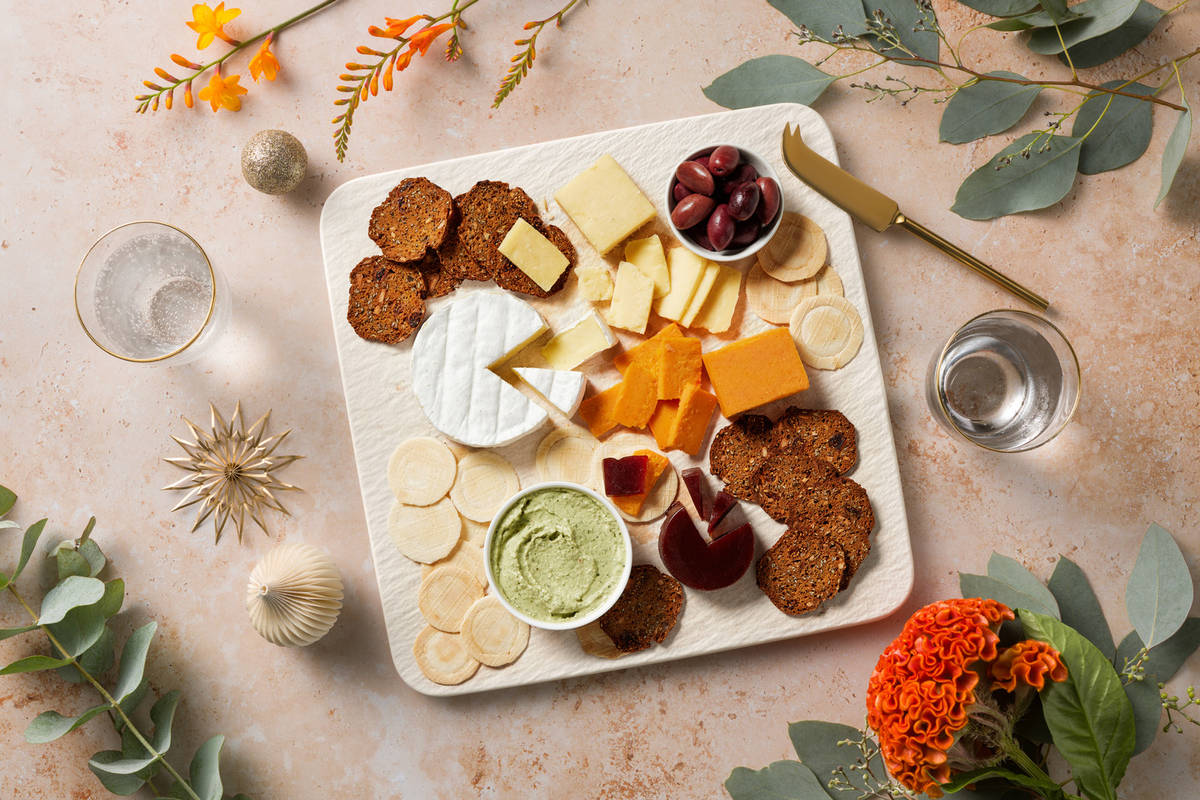 Festive Platter: Brie, Cheddar & Red Leicester with Crackers, Pesto Dip & Olives 