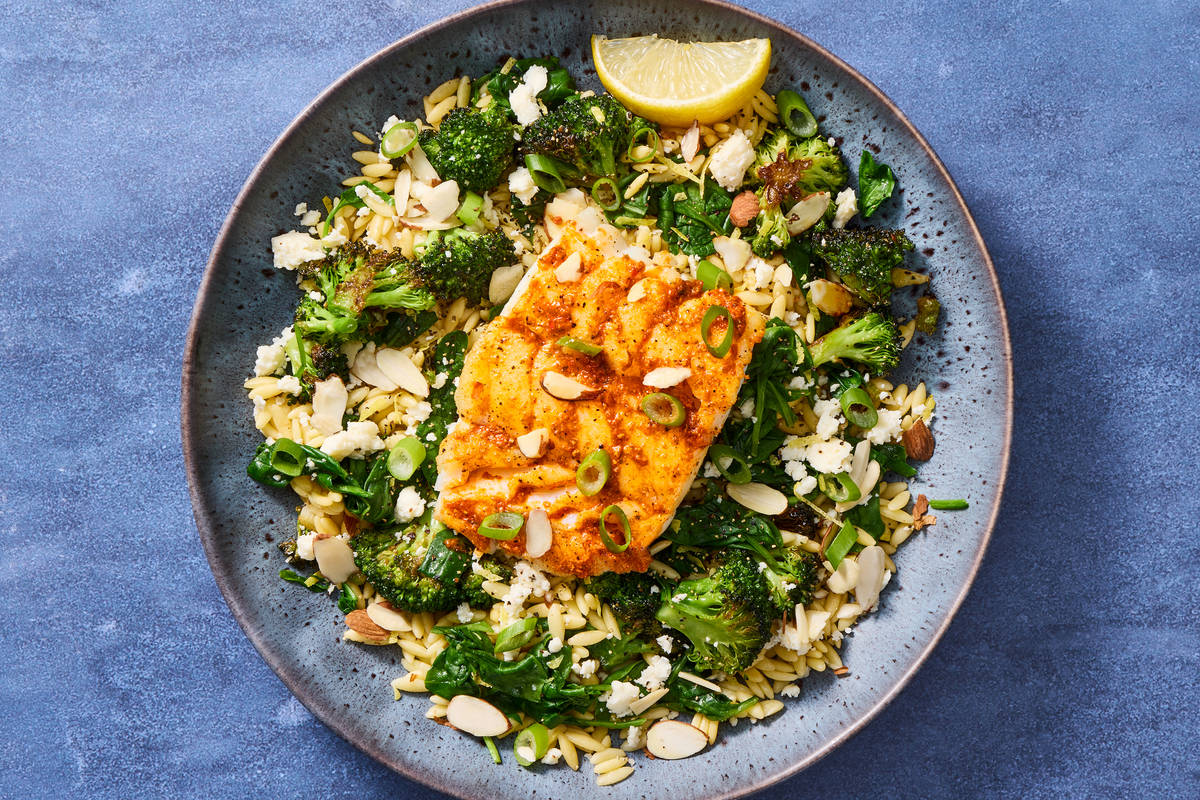 Romesco Cod with Broccoli, Spinach & Feta Orzo