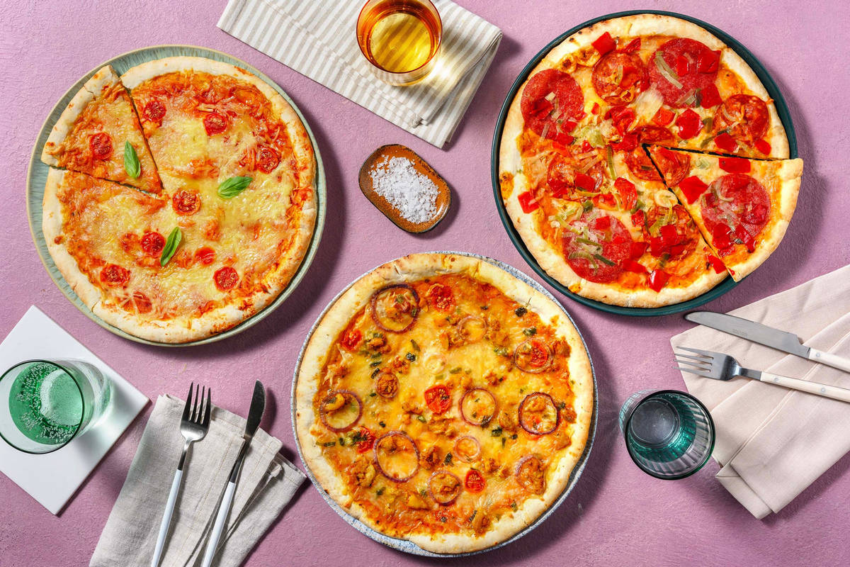 Pizza party - Margherita deluxe, au chawarma de poulet & Salami spéciale