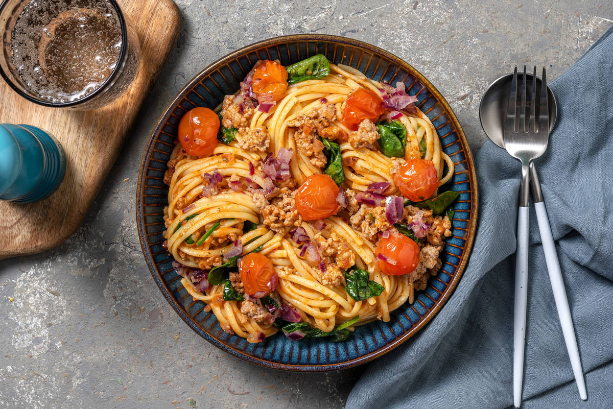Linguine express au poulet haché et pesto rosso