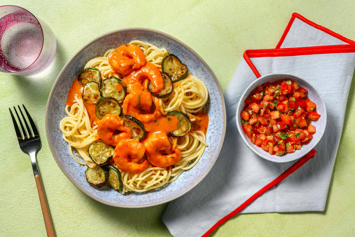 Spaghetti met garnalen in curry-roomsaus