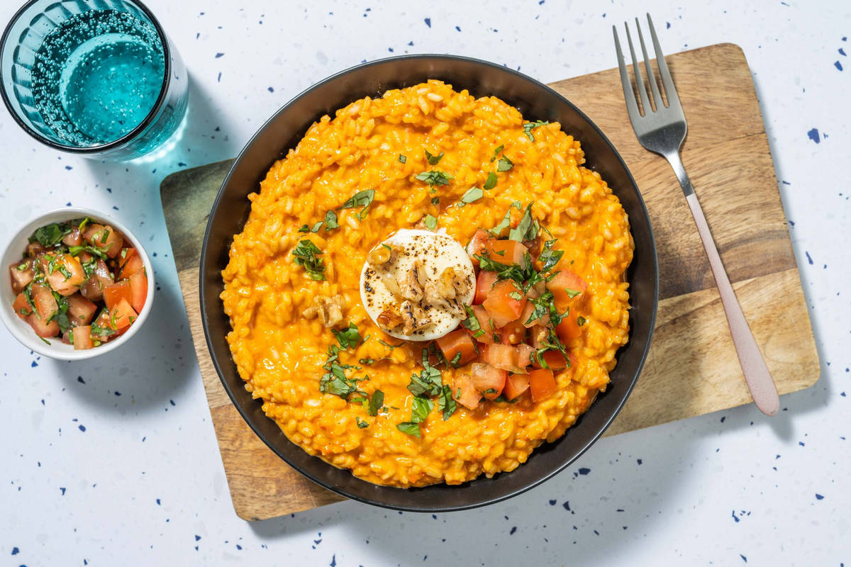 Risotto au poivron rôti et fromage de chèvre gratiné