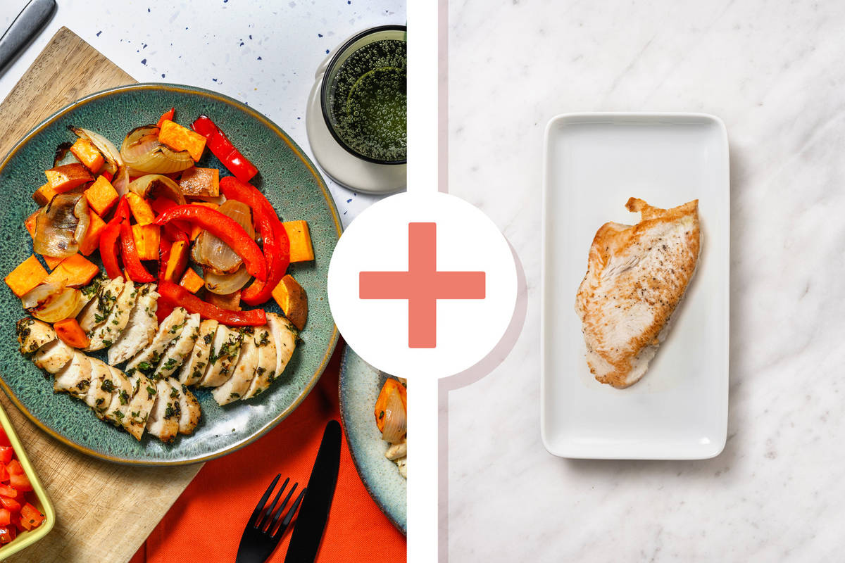 Pollo, patate dolci e peperoni arrosto