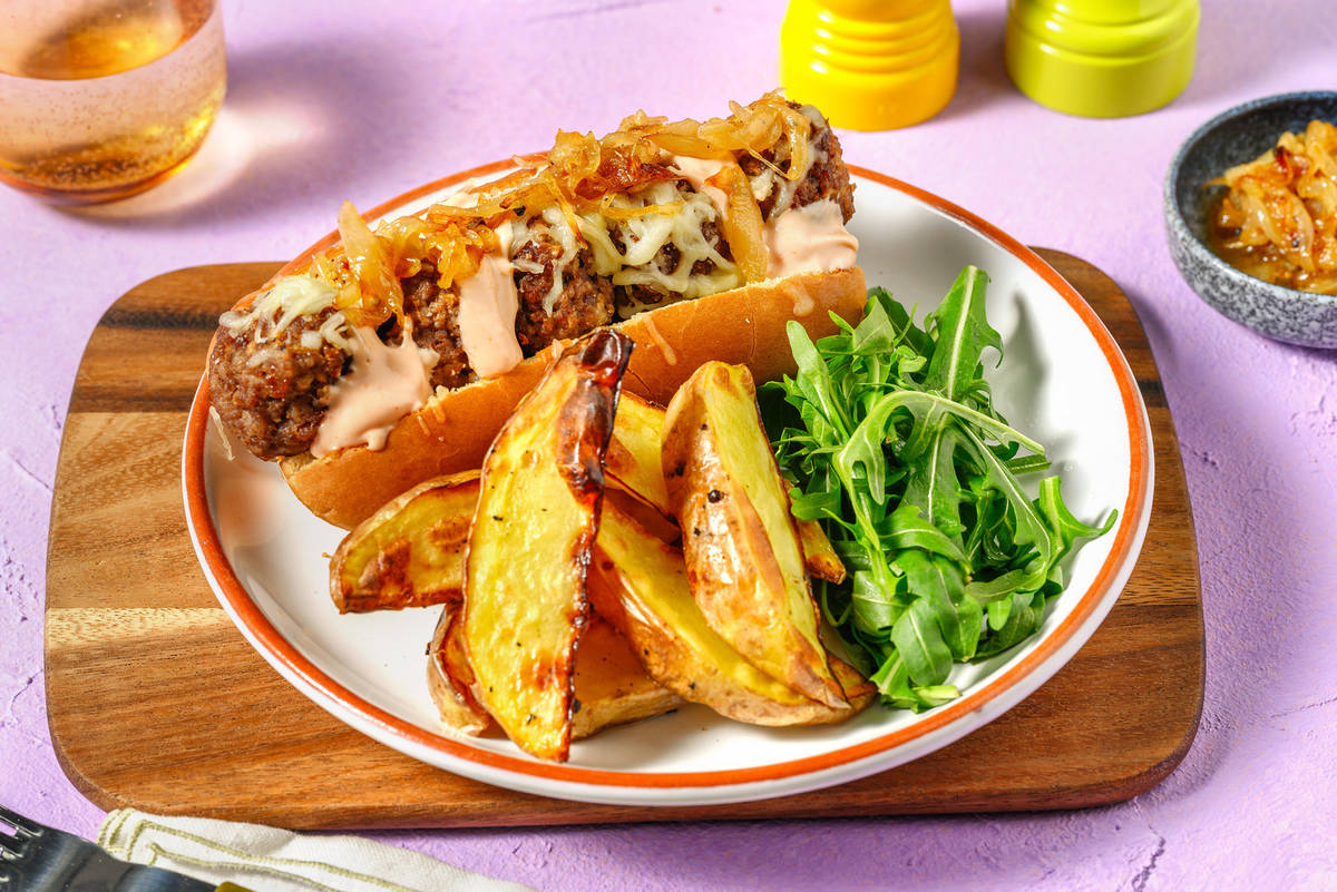 Cheeseburger Inspired Meatball Sub & Chips 