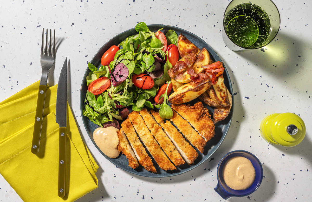 Crispy Chicken Schnitzel and Bacon Wedges