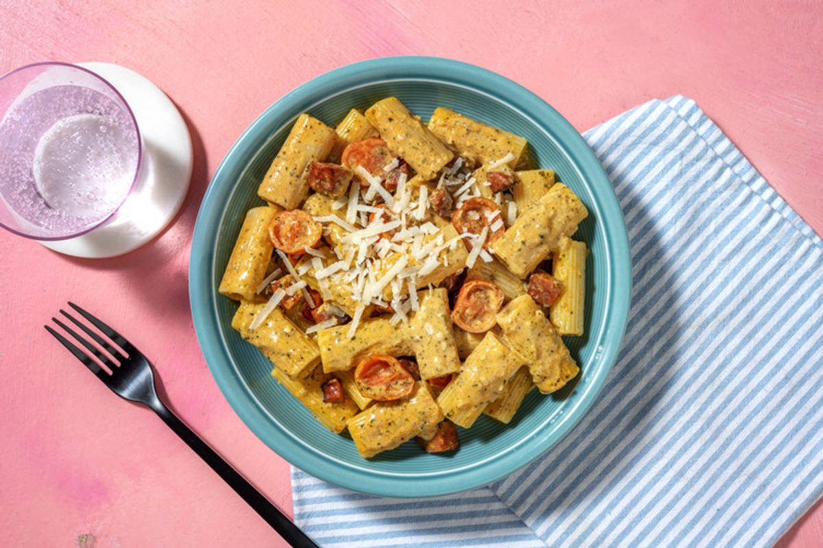 Creamy Pesto and Bacon Pasta with Beef Strips