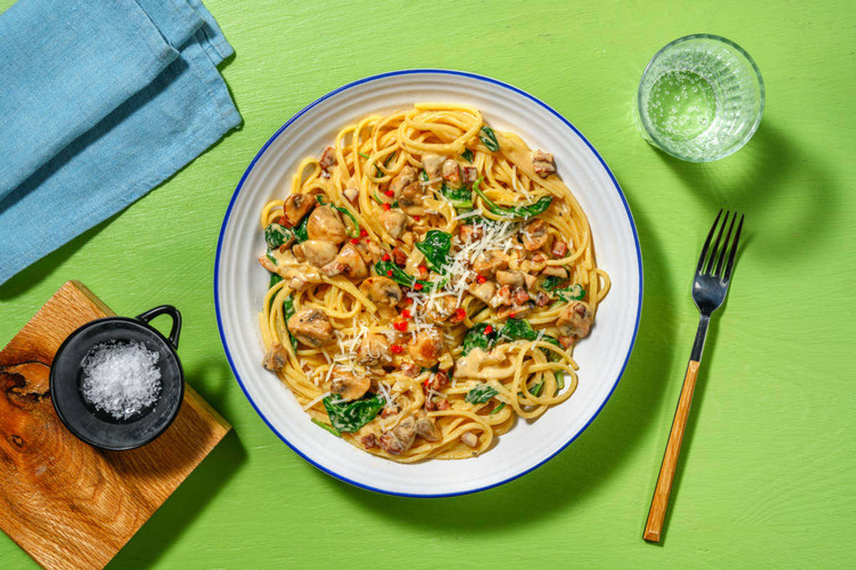 Spicy Mushroom and Bacon Linguine with Prawns