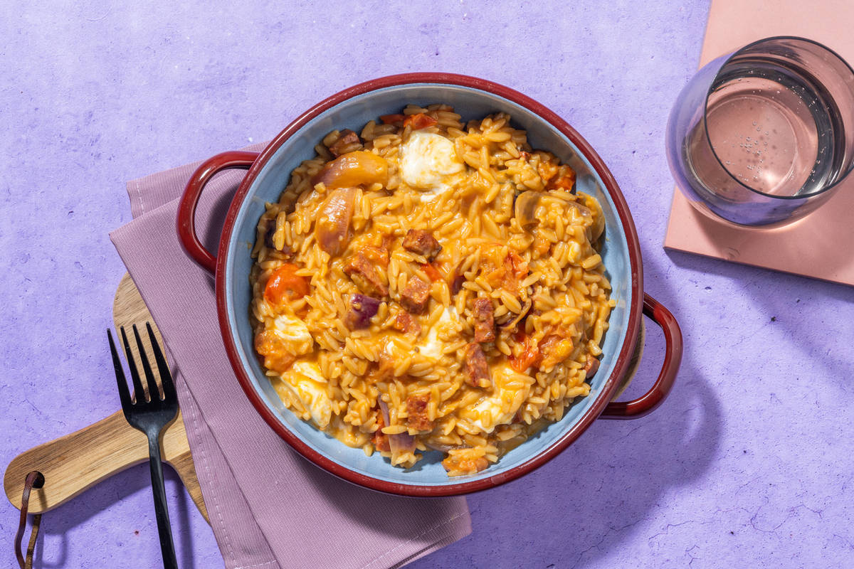 One-pan Chorizo and Mozzarella Orzo with Chicken