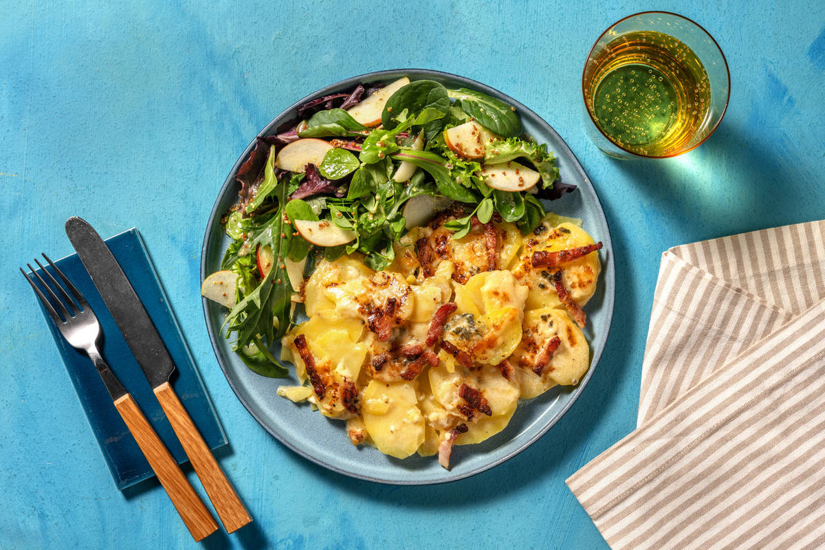 Blue Cheese, Cheddar and Bacon Gratin