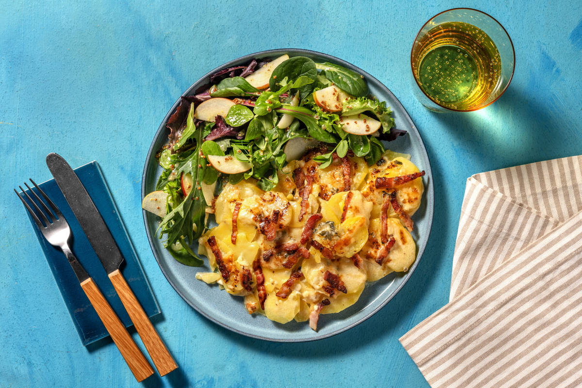 Blue Cheese, Cheddar and Double Bacon Gratin