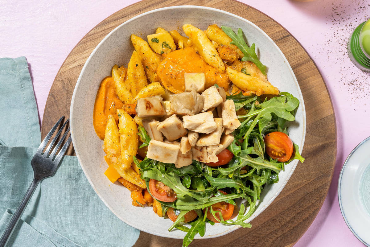 Schupfnudeln mit extra veganem Hähnchen 