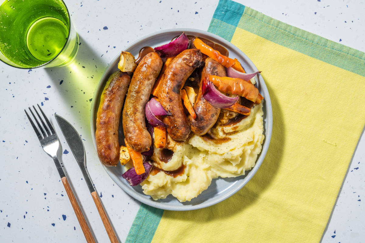 Double Sausage, Apple and Root Veg Traybake