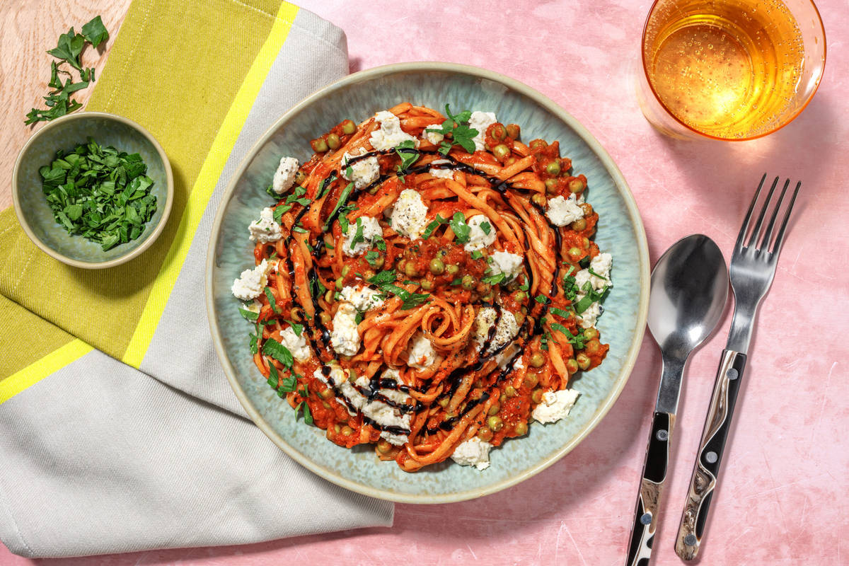 Roasted Pepper and Goat's Cheese Pasta with Prawns