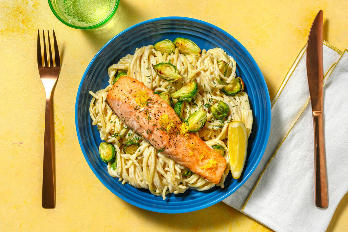 Zesty Double Salmon Over Creamy Fresh Linguine