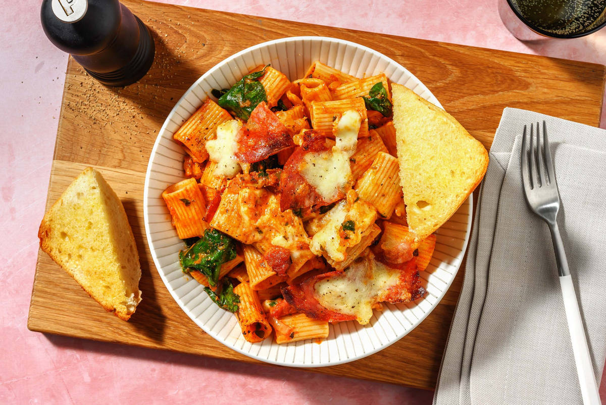 Cheesy Chorizo & Chicken Breast Pizza Inspired Pasta Bake