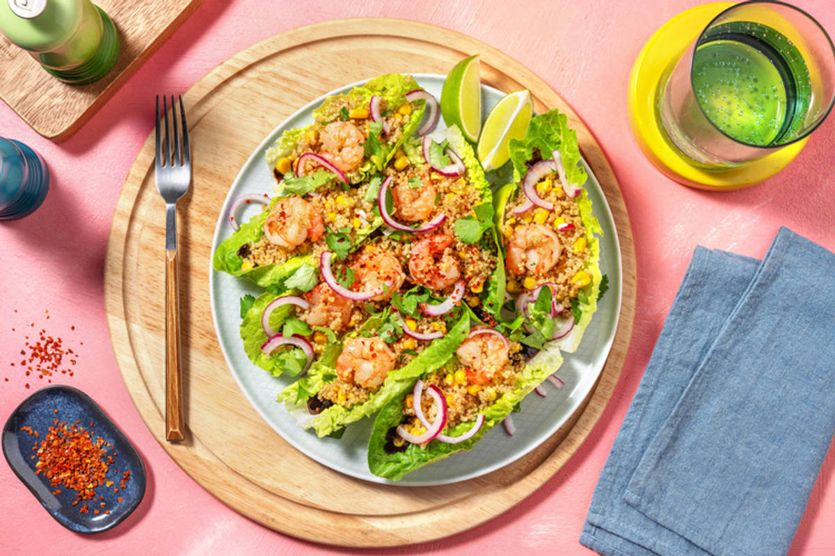 Tacos de lechuga con extra langostinos