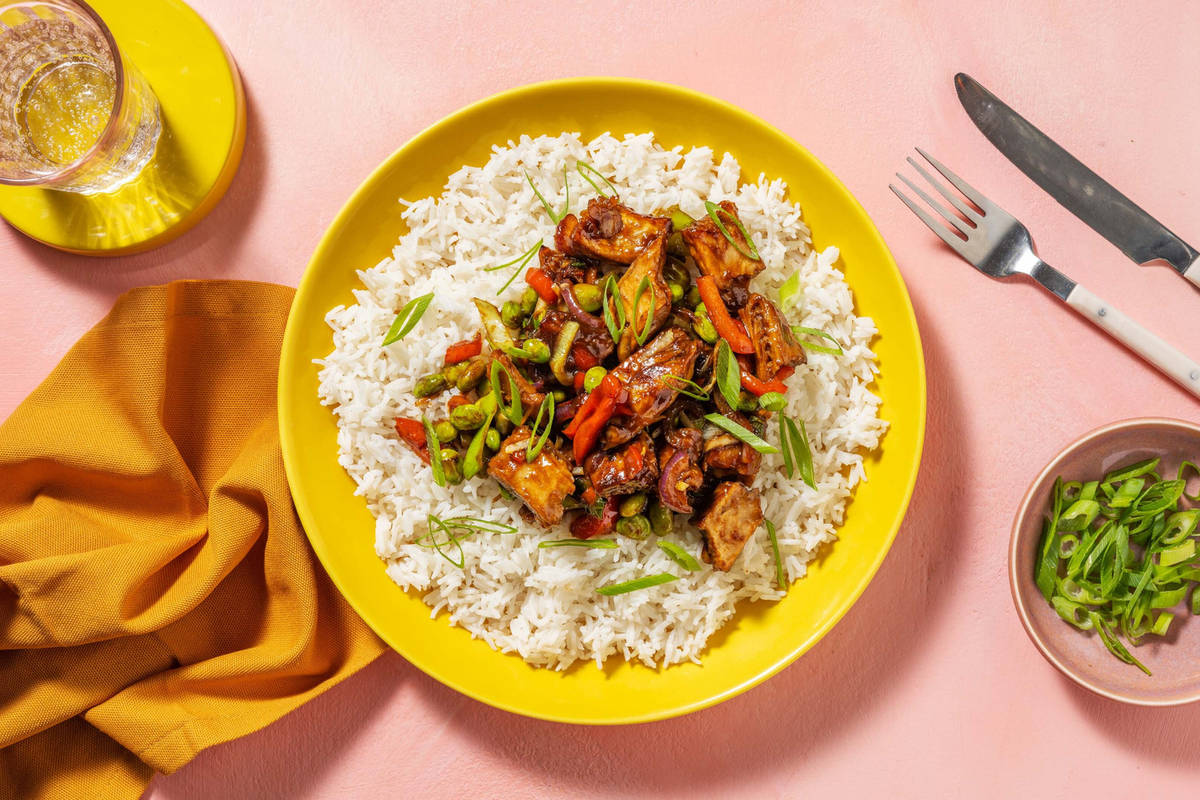 Sauté d’émincés de bœuf végétarien en sauce teriyaki