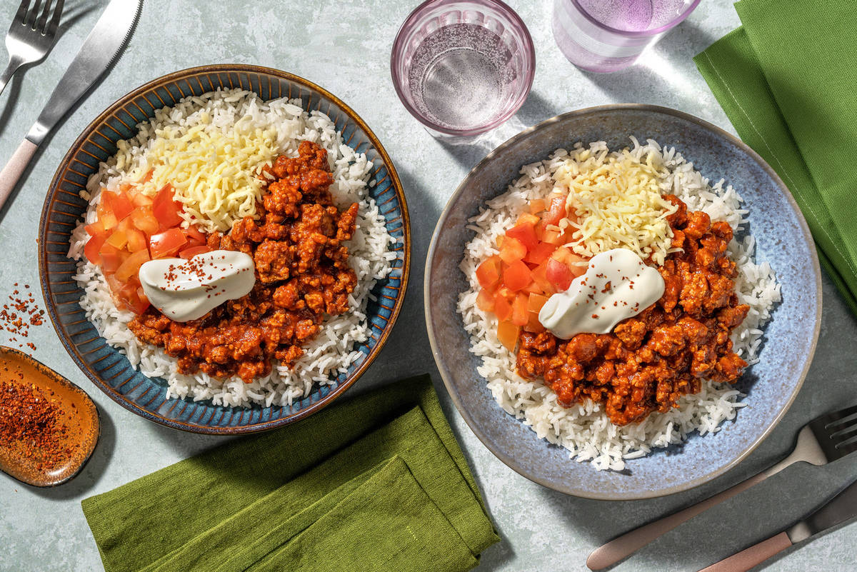 Pork Chilli and Rice Burrito Bowl